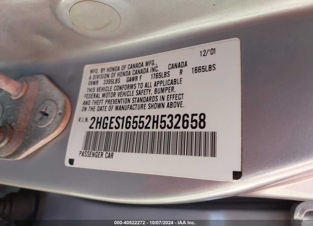 2002 HONDA CIVIC LX VIN: 2HGES16552H532658