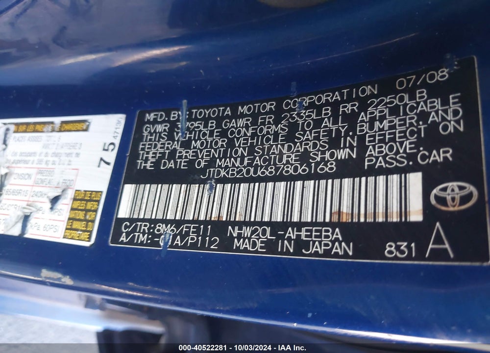 2008 TOYOTA PRIUS VIN: JTDKB20U687806168