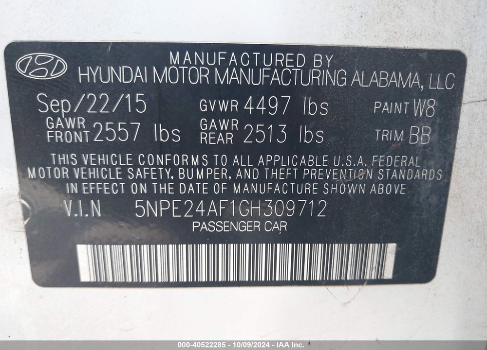 2016 HYUNDAI SONATA SE VIN: 5NPE24AF1GH309712