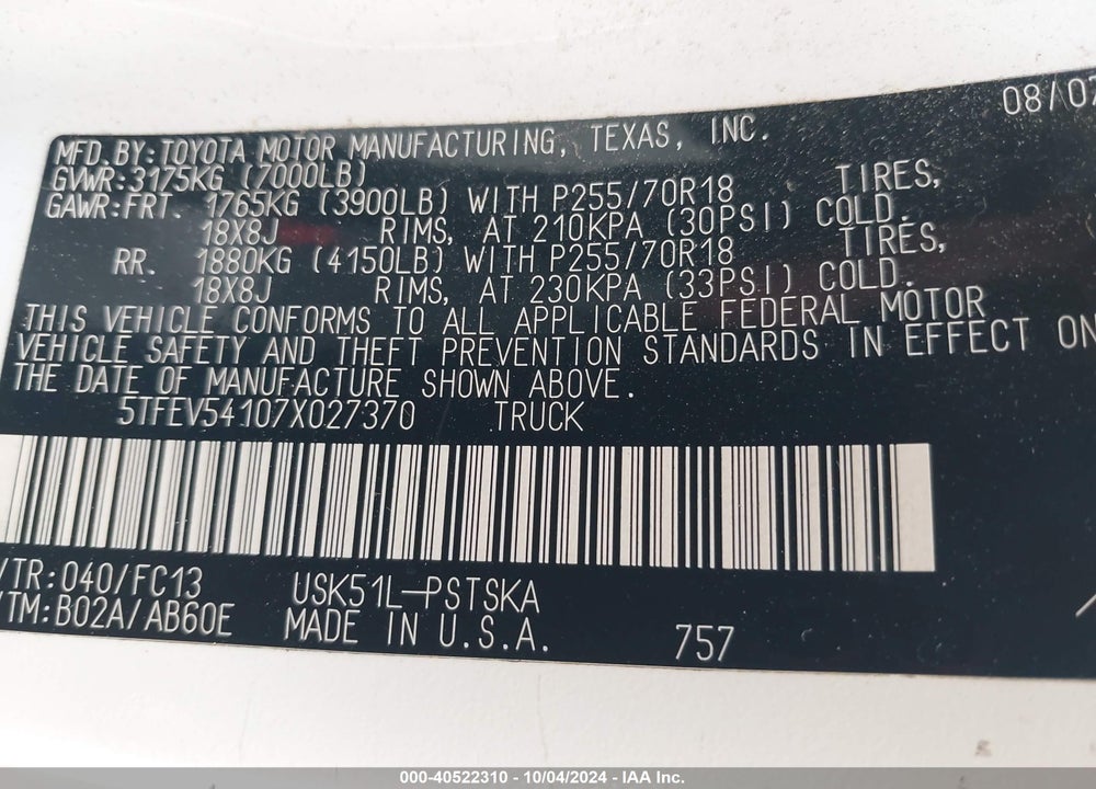 2007 TOYOTA TUNDRA SR5 5.7L V8 VIN: 5TFEV54107X027370