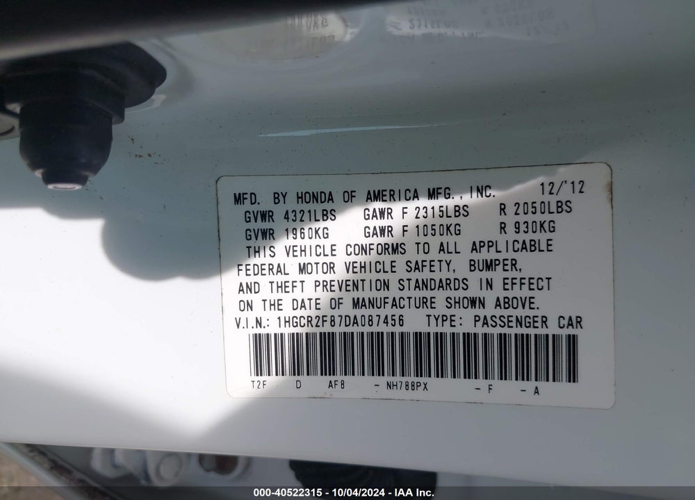 2013 HONDA ACCORD EX-L VIN: 1HGCR2F87DA087456
