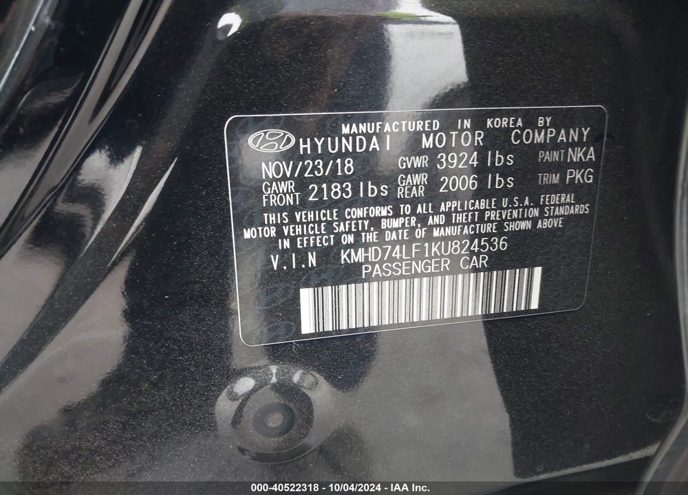 2019 HYUNDAI ELANTRA SE VIN: KMHD74LF1KU824536