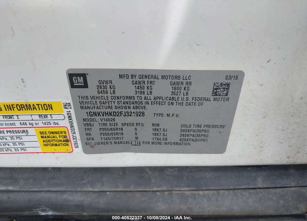 2015 CHEVROLET TRAVERSE 2LT VIN: 1GNKVHKD2FJ321928