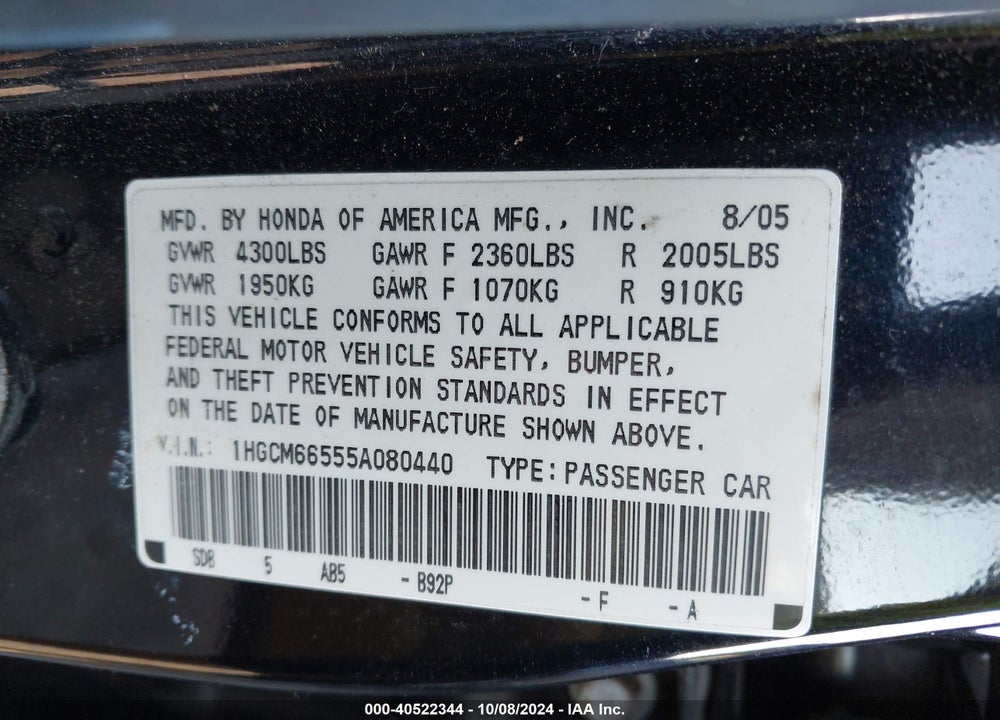 2005 HONDA ACCORD 3.0 EX VIN: 1HGCM66555A080440