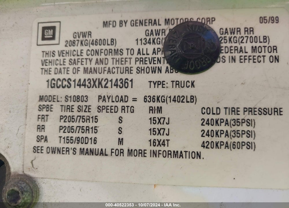 1999 CHEVROLET S-10 VIN: 1GCCS1443XK214361