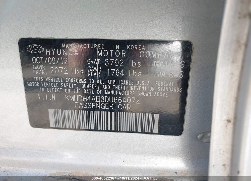 2013 HYUNDAI ELANTRA GLS VIN: KMHDH4AE3DU664072