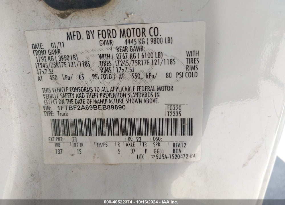 2011 FORD F-250 XL VIN: 1FTBF2A69BEB89890