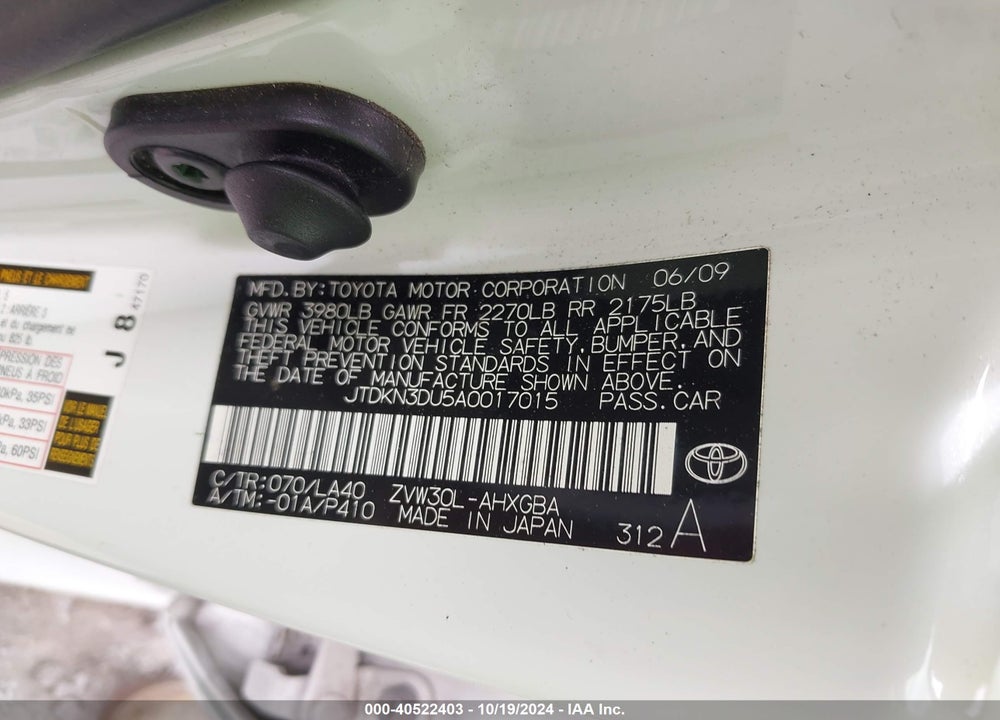 2010 TOYOTA PRIUS IV VIN: JTDKN3DU5A0017015