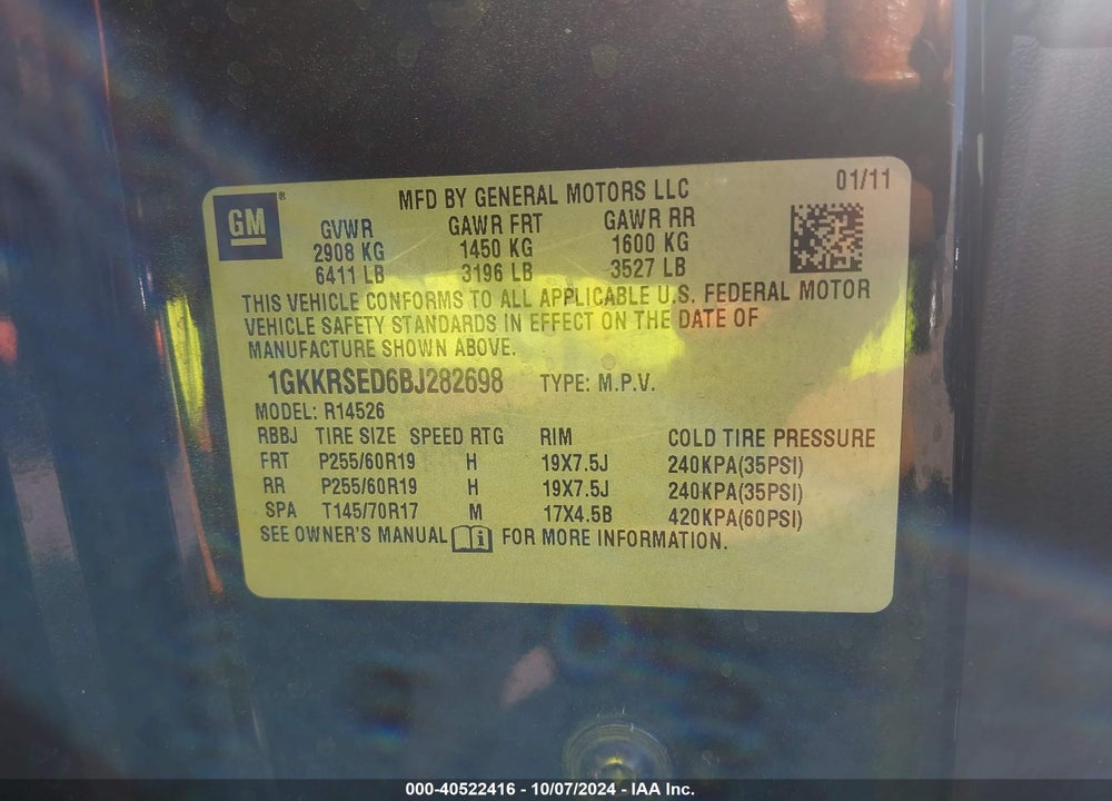 2011 GMC ACADIA SLT-2 VIN: 1GKKRSED6BJ282698