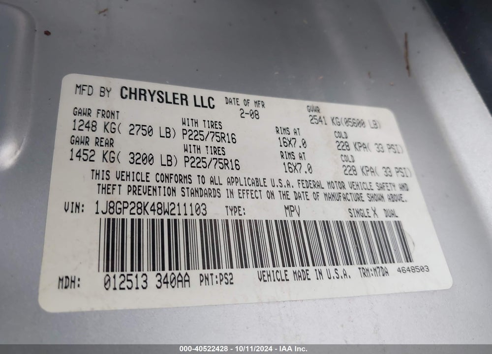 2008 JEEP LIBERTY SPORT VIN: 1J8GP28K48W211103