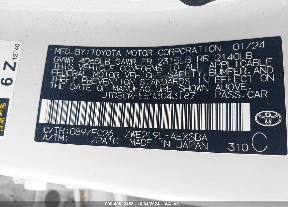 2024 TOYOTA COROLLA HYBRID SE VIN: JTDBCMFE5R3043187