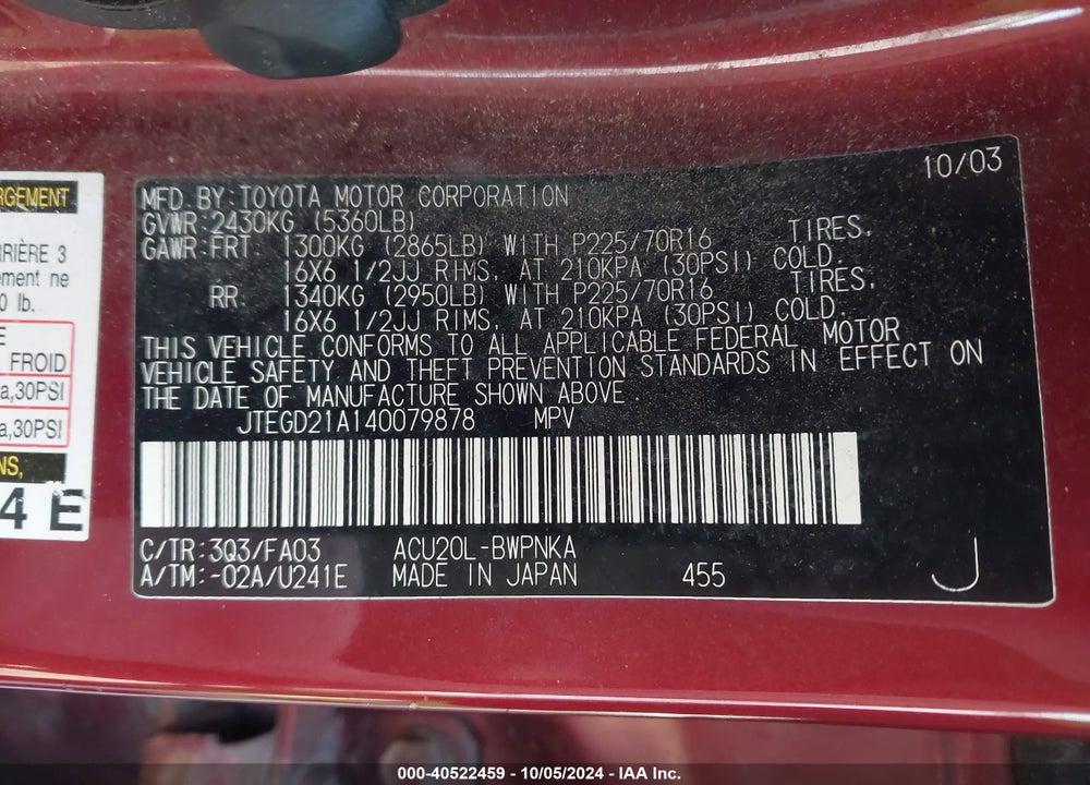 2004 TOYOTA HIGHLANDER VIN: JTEGD21A140079878