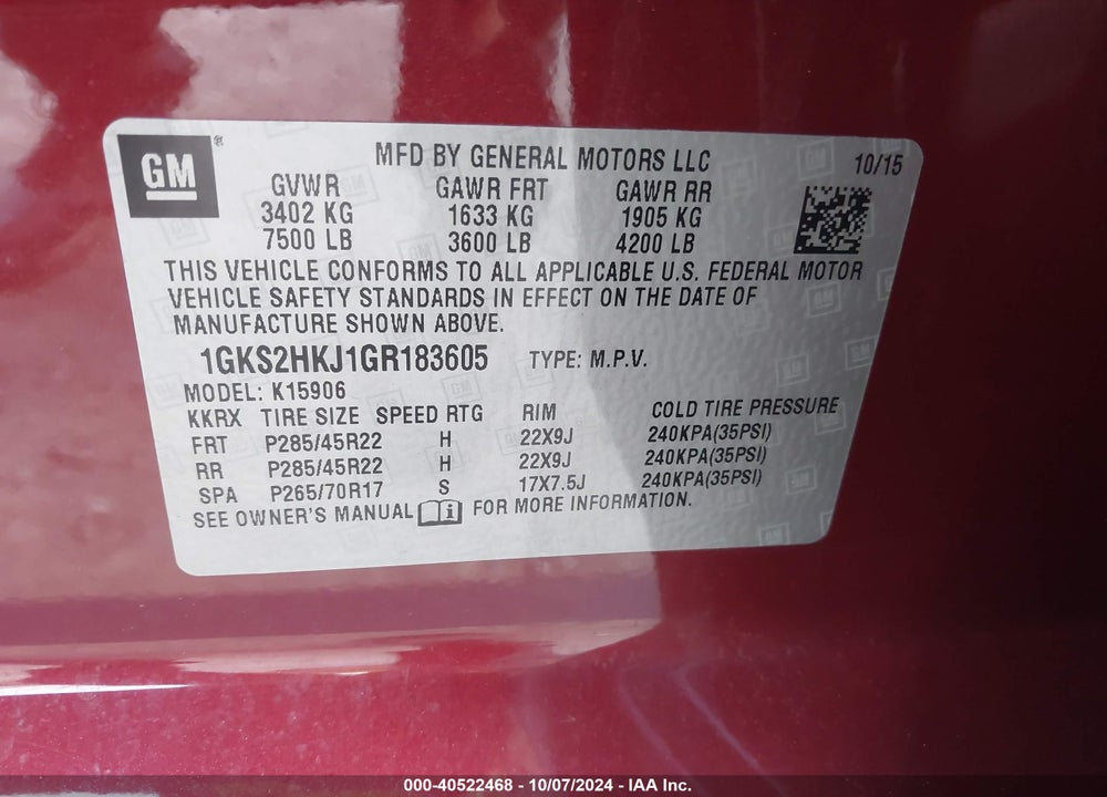 2016 GMC YUKON XL DENALI VIN: 1GKS2HKJ1GR183605