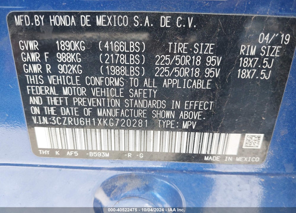 2019 HONDA HR-V SPORT VIN: 3CZRU6H1XKG720281