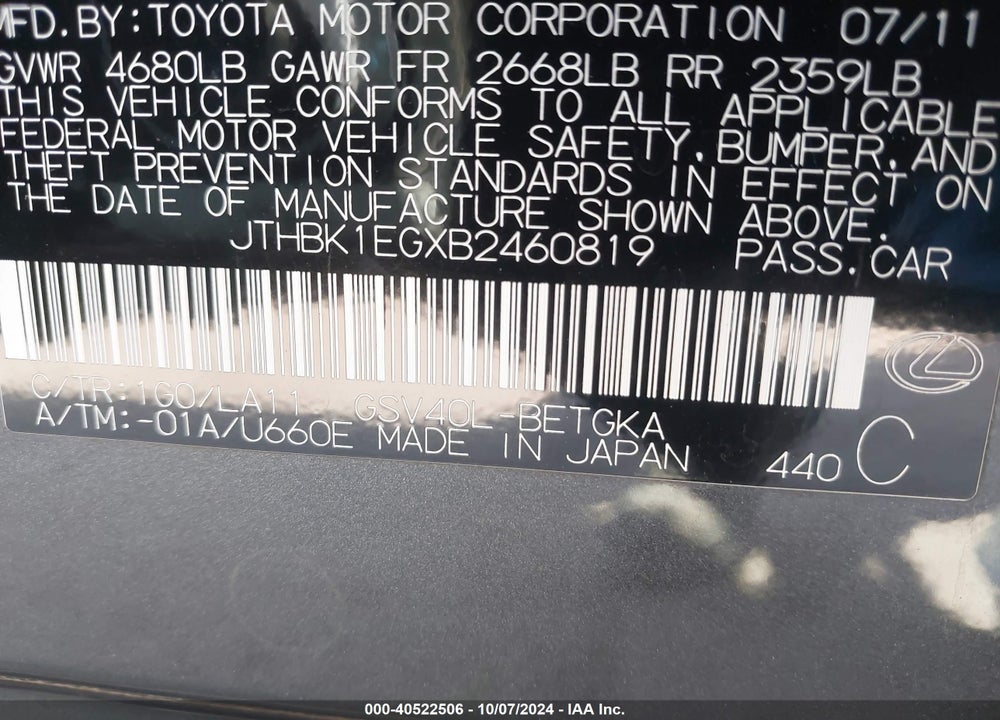 2011 LEXUS ES 350 VIN: JTHBK1EGXB2460819