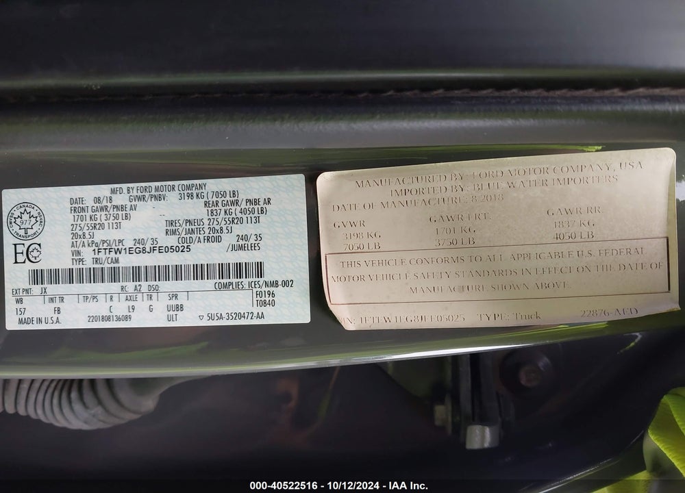 2018 FORD F-150 XLT VIN: 1FTFW1EG8JFE05025