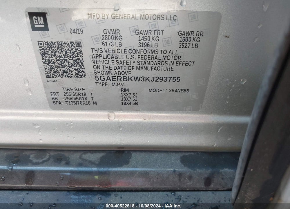 2019 BUICK ENCLAVE FWD ESSENCE VIN: 5GAERBKW3KJ293755