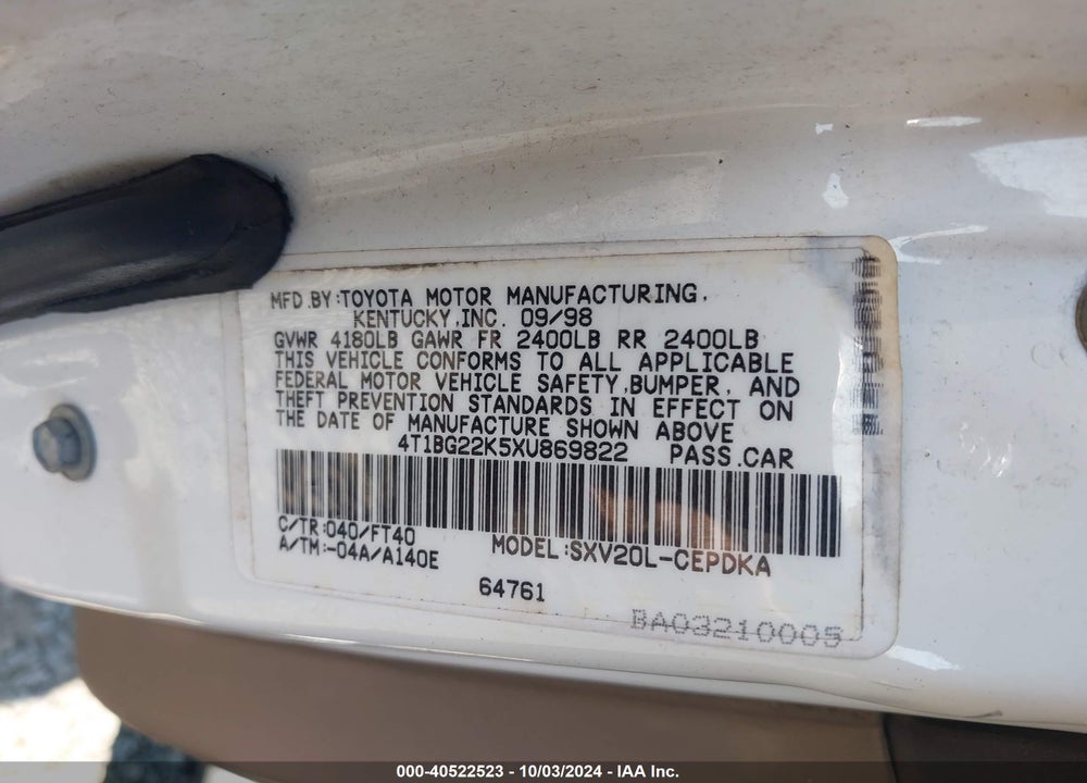 1999 TOYOTA CAMRY CE VIN: 4T1BG22K5XU869822
