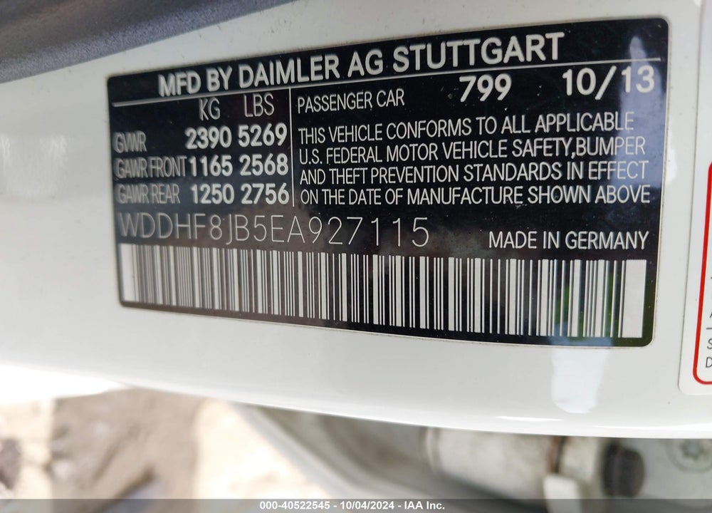 2014 MERCEDES-BENZ E 350 VIN: WDDHF8JB5EA927115