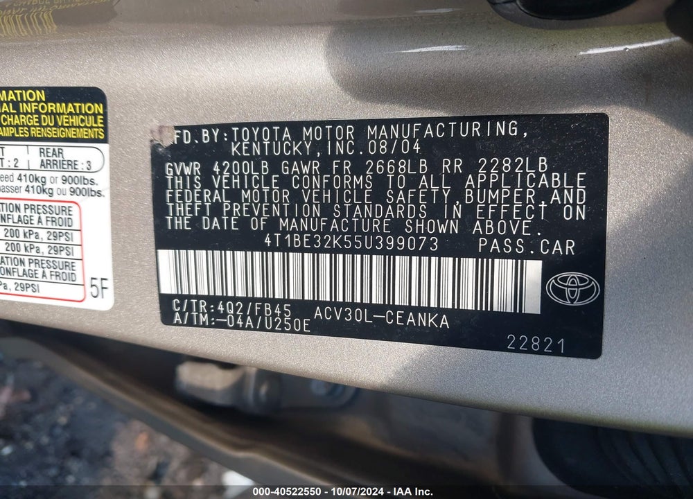2005 TOYOTA CAMRY LE VIN: 4T1BE32K55U399073