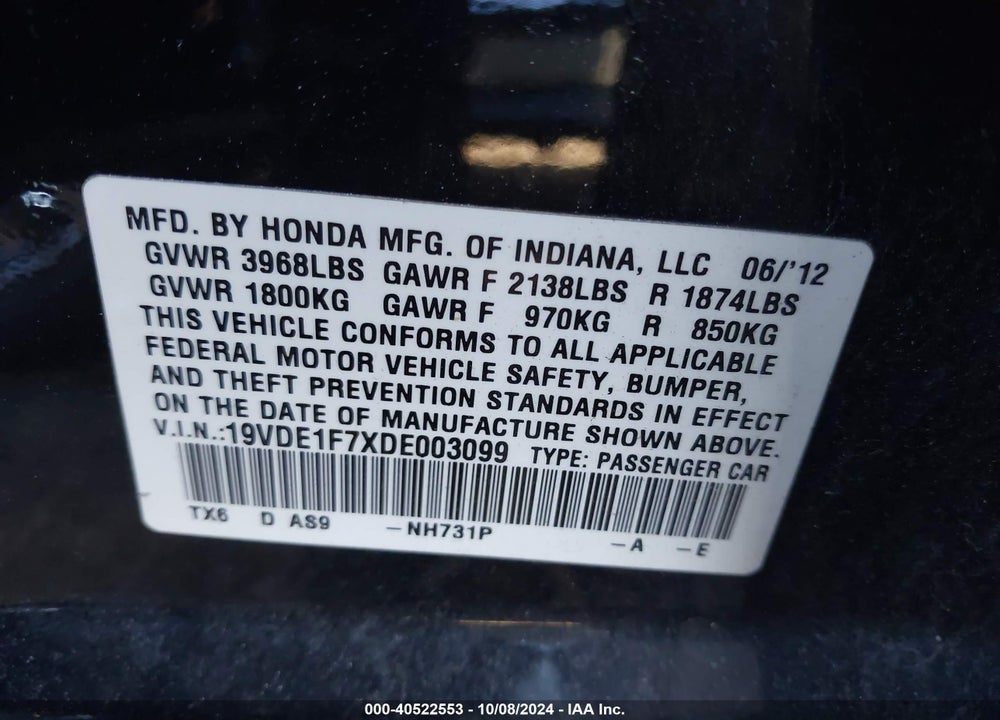 2013 ACURA ILX 2.0L VIN: 19VDE1F7XDE003099