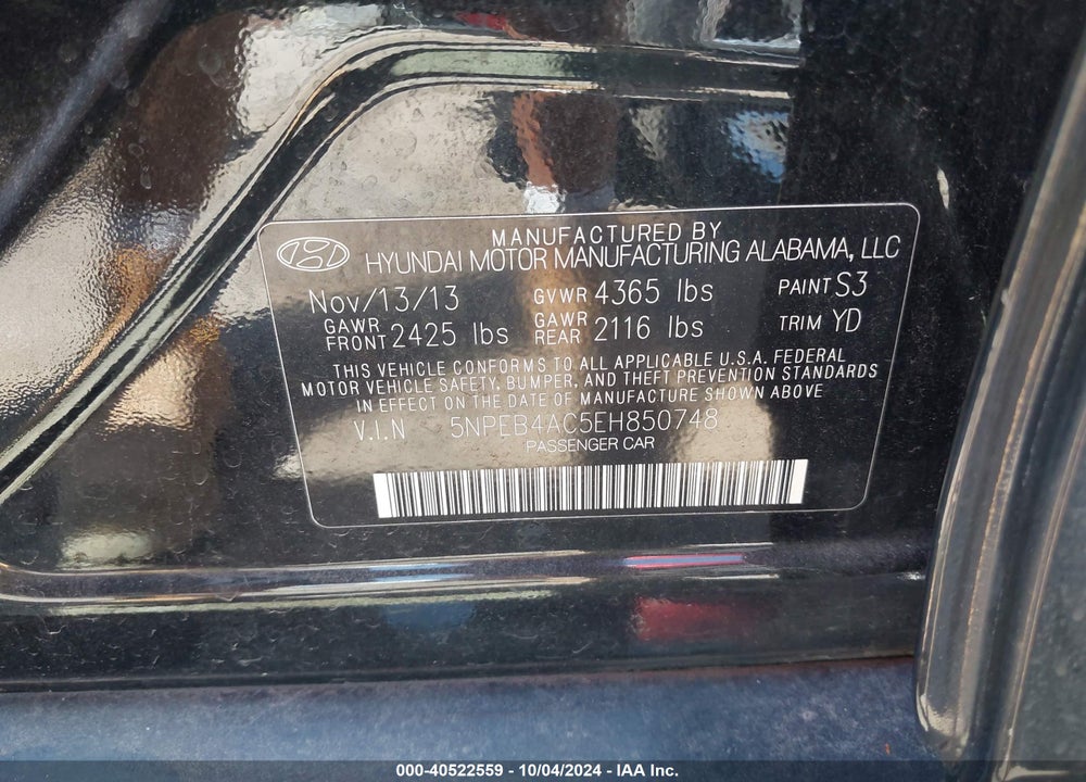 2014 HYUNDAI SONATA GLS VIN: 5NPEB4AC5EH850748