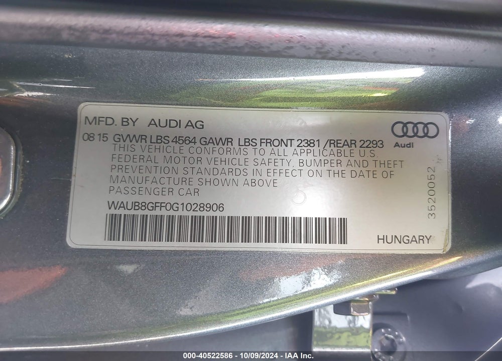 2016 AUDI A3 2.0T PREMIUM VIN: WAUB8GFF0G1028906