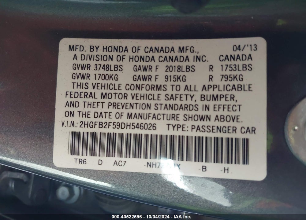 2013 HONDA CIVIC LX VIN: 2HGFB2F59DH546026