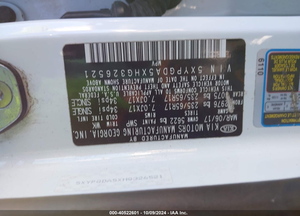 2017 KIA SORENTO 3.3L LX VIN: 5XYPGDA5XHG326521