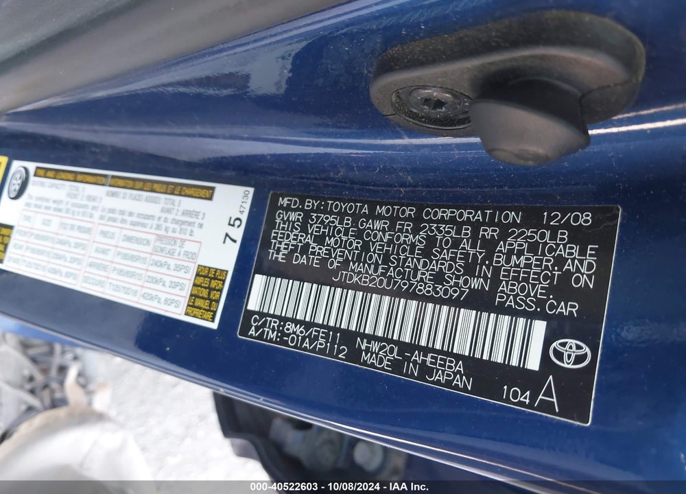 2009 TOYOTA PRIUS VIN: JTDKB20U797883097