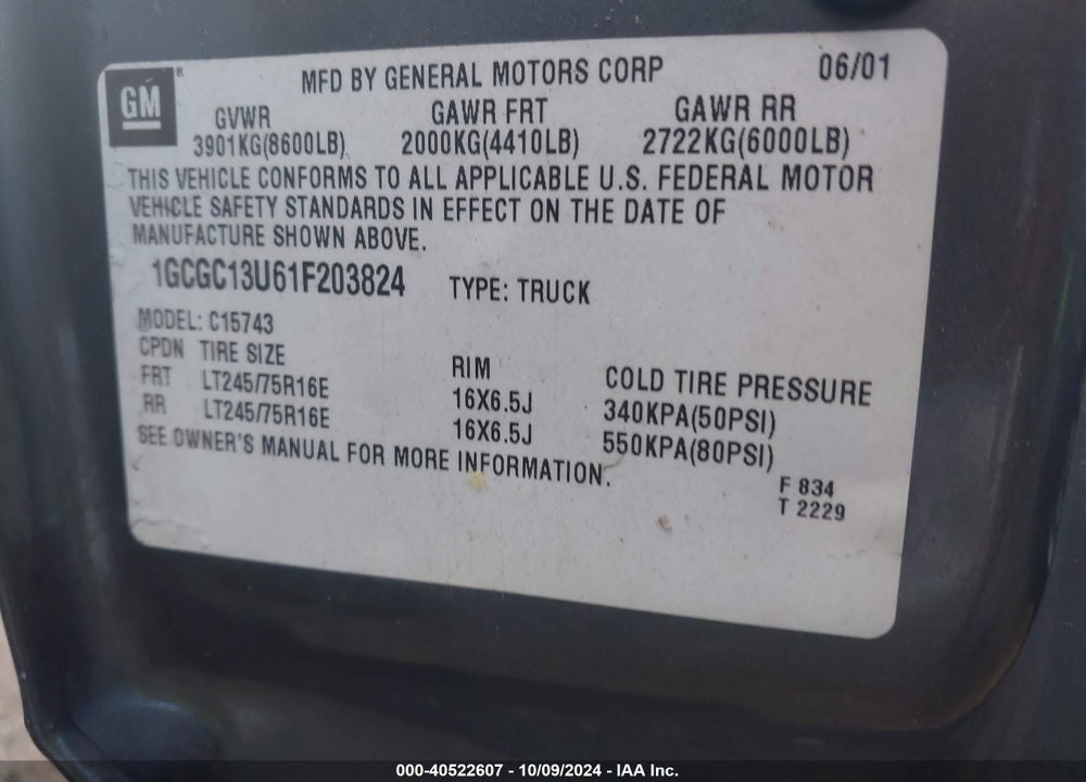 2001 CHEVROLET SILVERADO 1500HD LS VIN: 1GCGC13U61F203824
