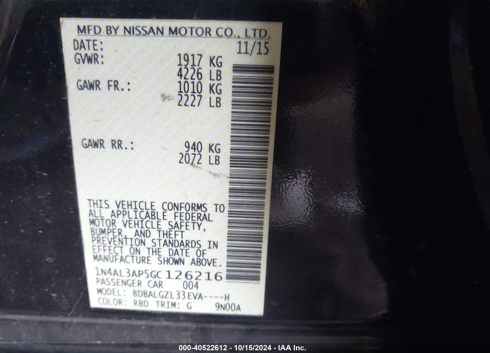 2016 NISSAN ALTIMA 2.5 S VIN: 1N4AL3AP5GC126216