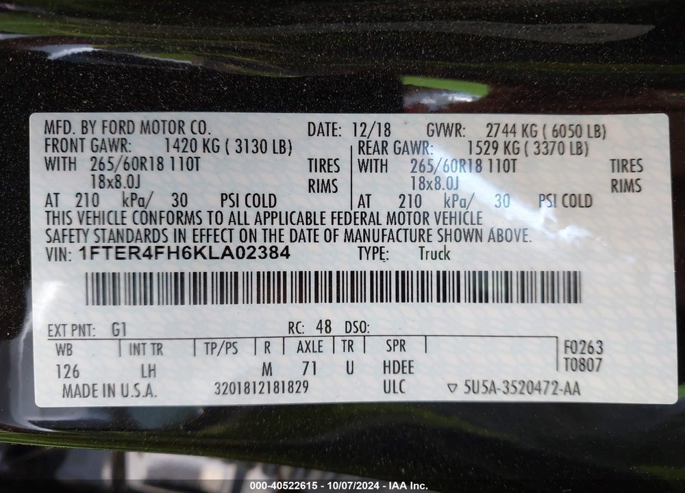 2019 FORD RANGER XLT VIN: 1FTER4FH6KLA02384