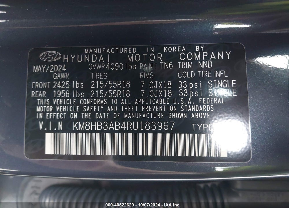 2024 HYUNDAI KONA SEL VIN: KM8HB3AB4RU183967
