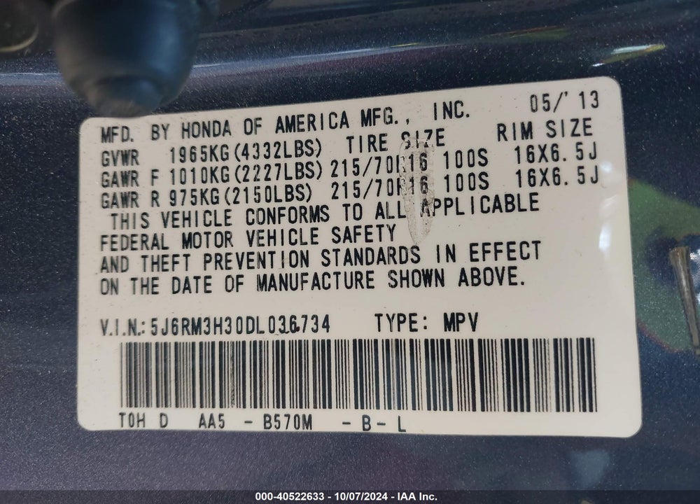 2013 HONDA CR-V LX VIN: 5J6RM3H30DL036734