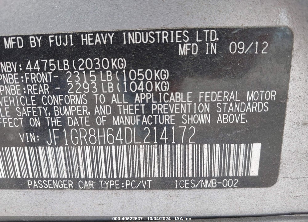2013 SUBARU IMPREZA WRX STI VIN: JF1GR8H64DL214172