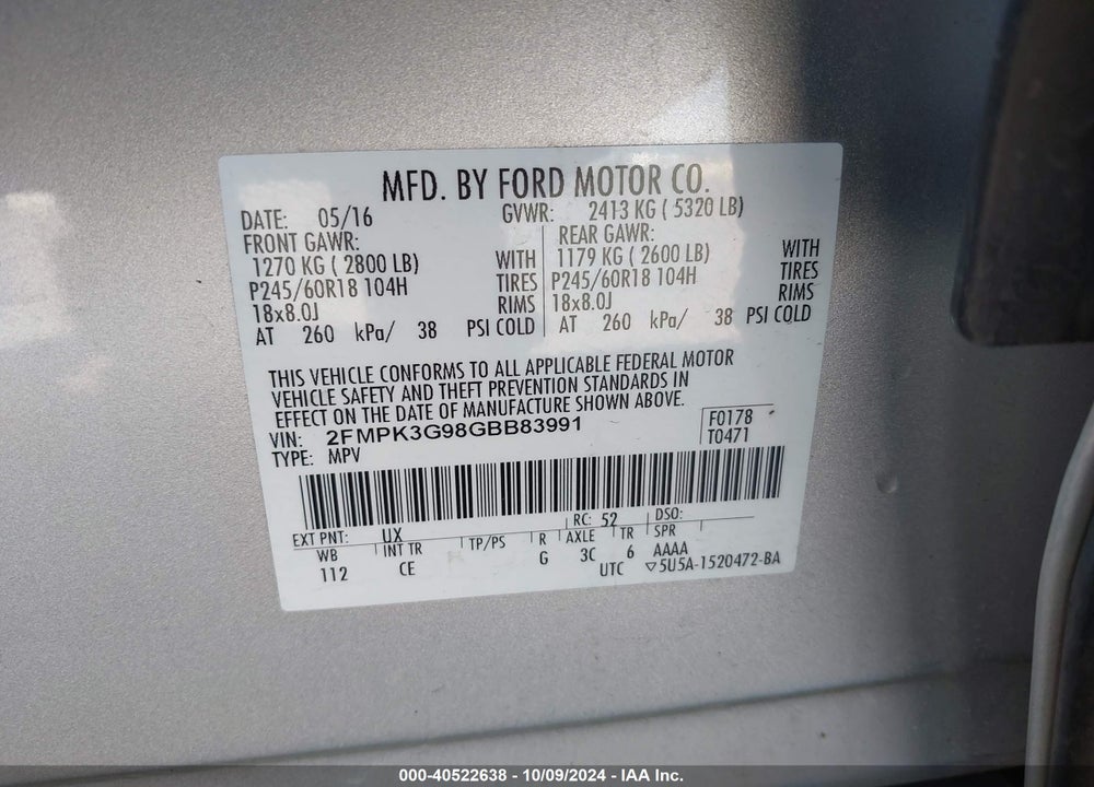 2016 FORD EDGE SE VIN: 2FMPK3G98GBB83991