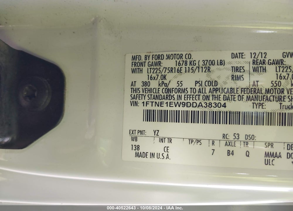 2013 FORD E-150 COMMERCIAL VIN: 1FTNE1EW9DDA38304