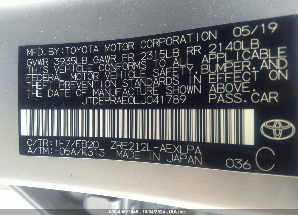 2020 TOYOTA COROLLA VIN: JTDEPRAE0LJ041789