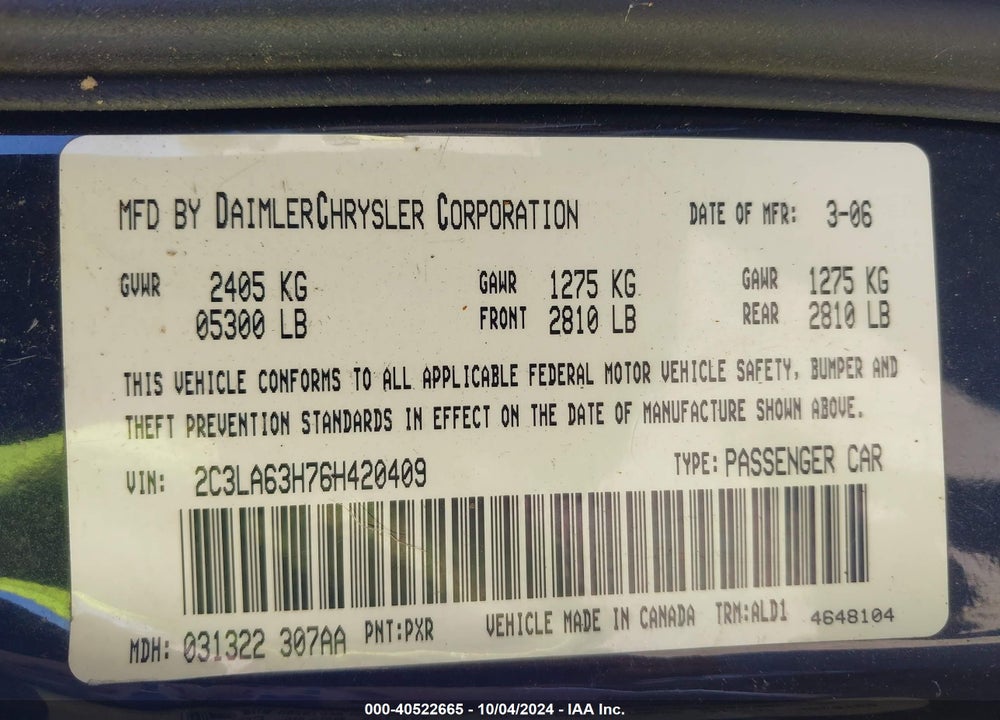 2006 CHRYSLER 300C VIN: 2C3LA63H76H420409