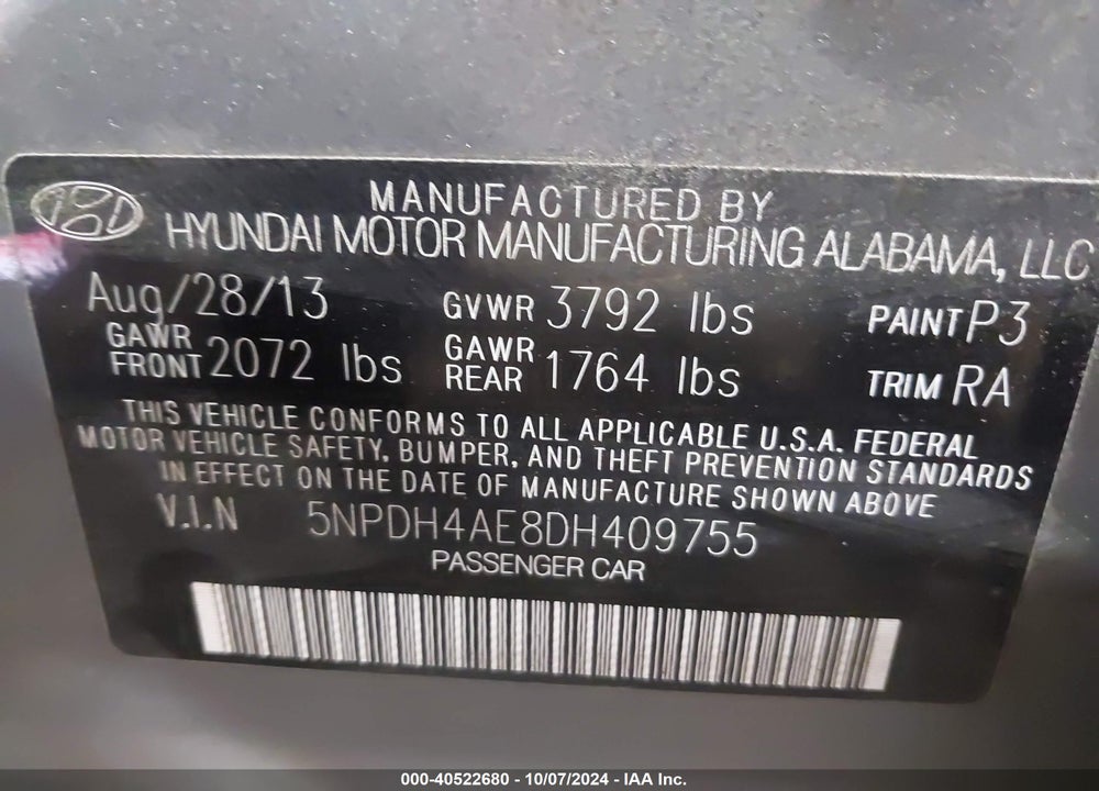 2013 HYUNDAI ELANTRA GLS VIN: 5NPDH4AE8DH409755