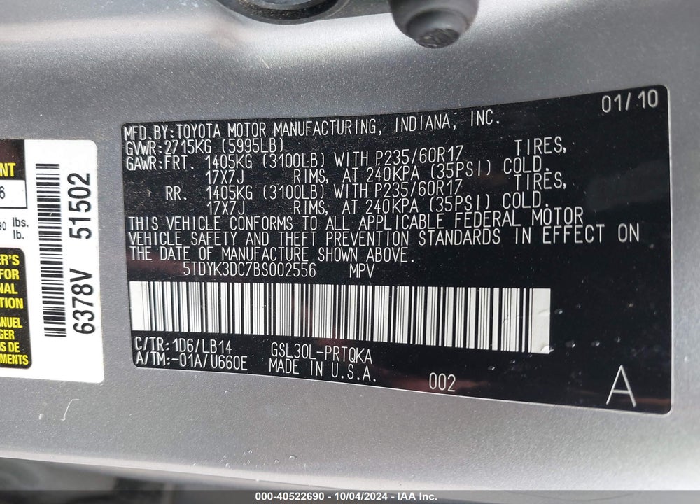 2011 TOYOTA SIENNA XLE V6 VIN: 5TDYK3DC7BS002556