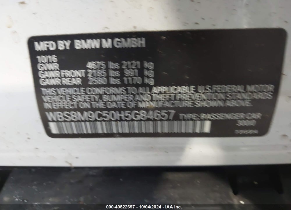 2017 BMW M3 VIN: WBS8M9C50H5G84657
