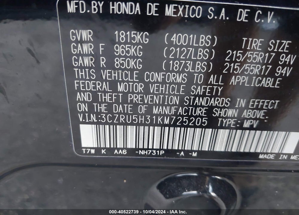 2019 HONDA HR-V LX VIN: 3CZRU5H31KM725205
