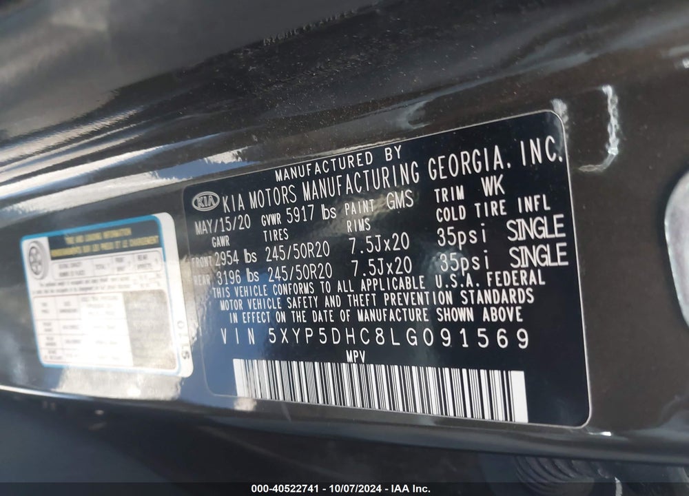 2020 KIA TELLURIDE SX VIN: 5XYP5DHC8LG091569