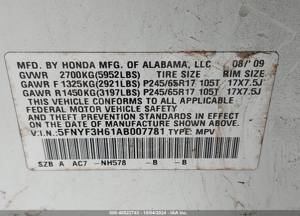 2010 HONDA PILOT EX-L VIN: 5FNYF3H61AB007781