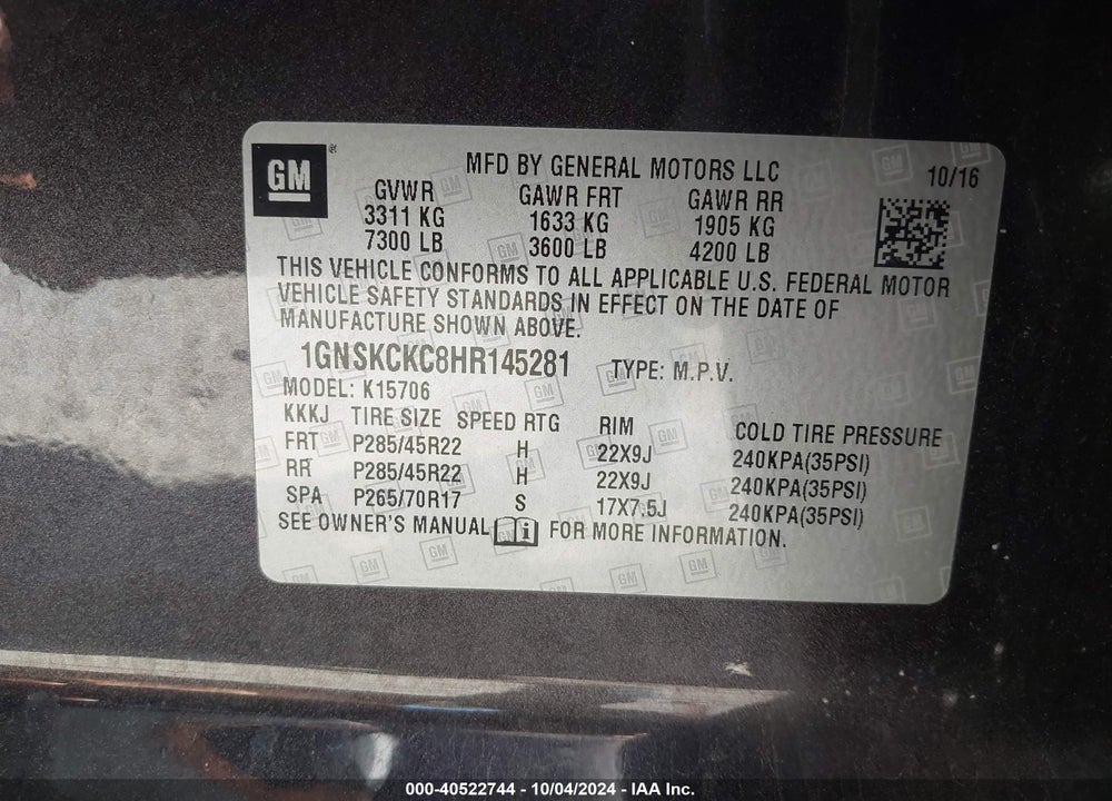 2017 CHEVROLET TAHOE PREMIER VIN: 1GNSKCKC8HR145281