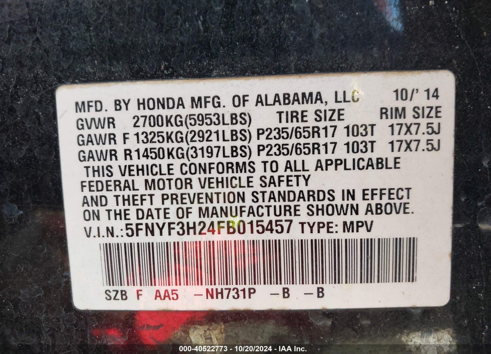 2015 HONDA PILOT LX VIN: 5FNYF3H24FB015457