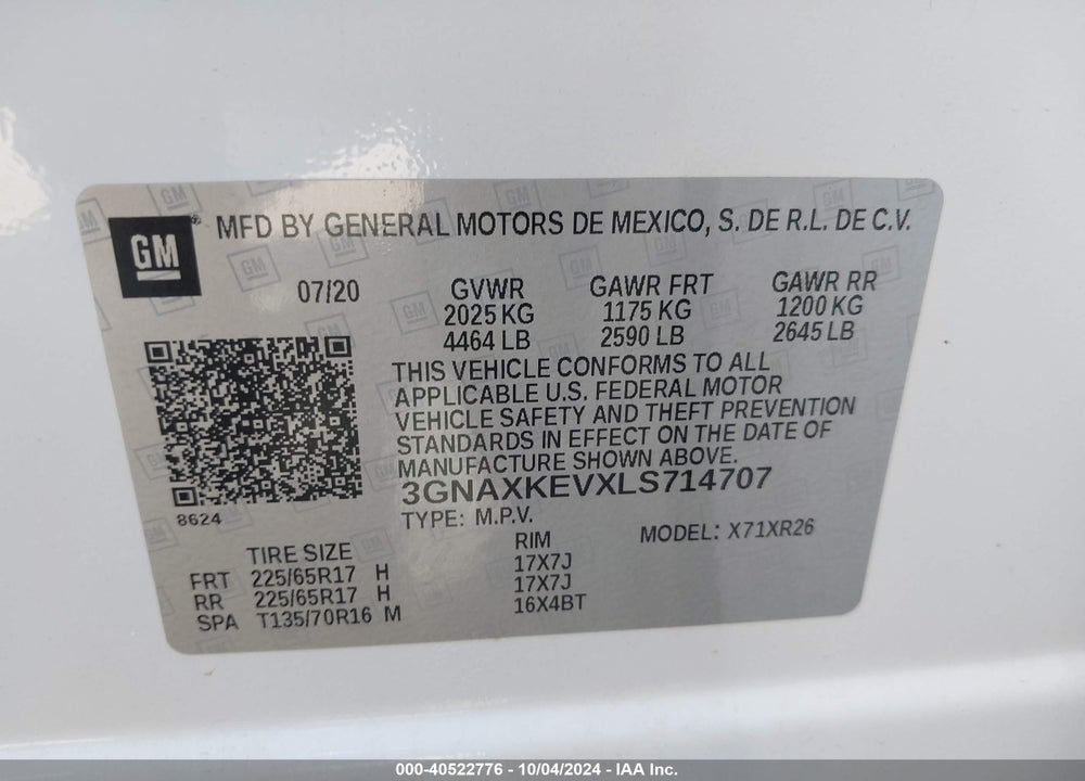 2020 CHEVROLET EQUINOX FWD LT 1.5L TURBO VIN: 3GNAXKEVXLS714707