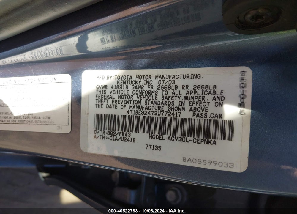 2003 TOYOTA CAMRY LE VIN: 4T1BE32K73U772417